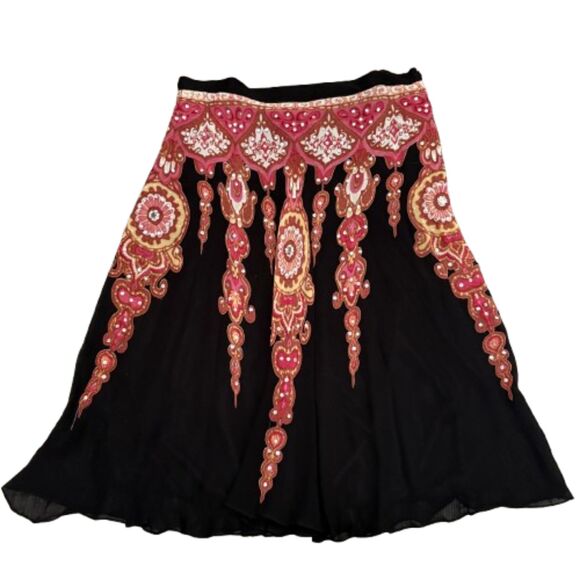 Angie Embellished Bohemian Hippie Flare Skirt Black Red Pink Rayon Size Small - Picture 1 of 5